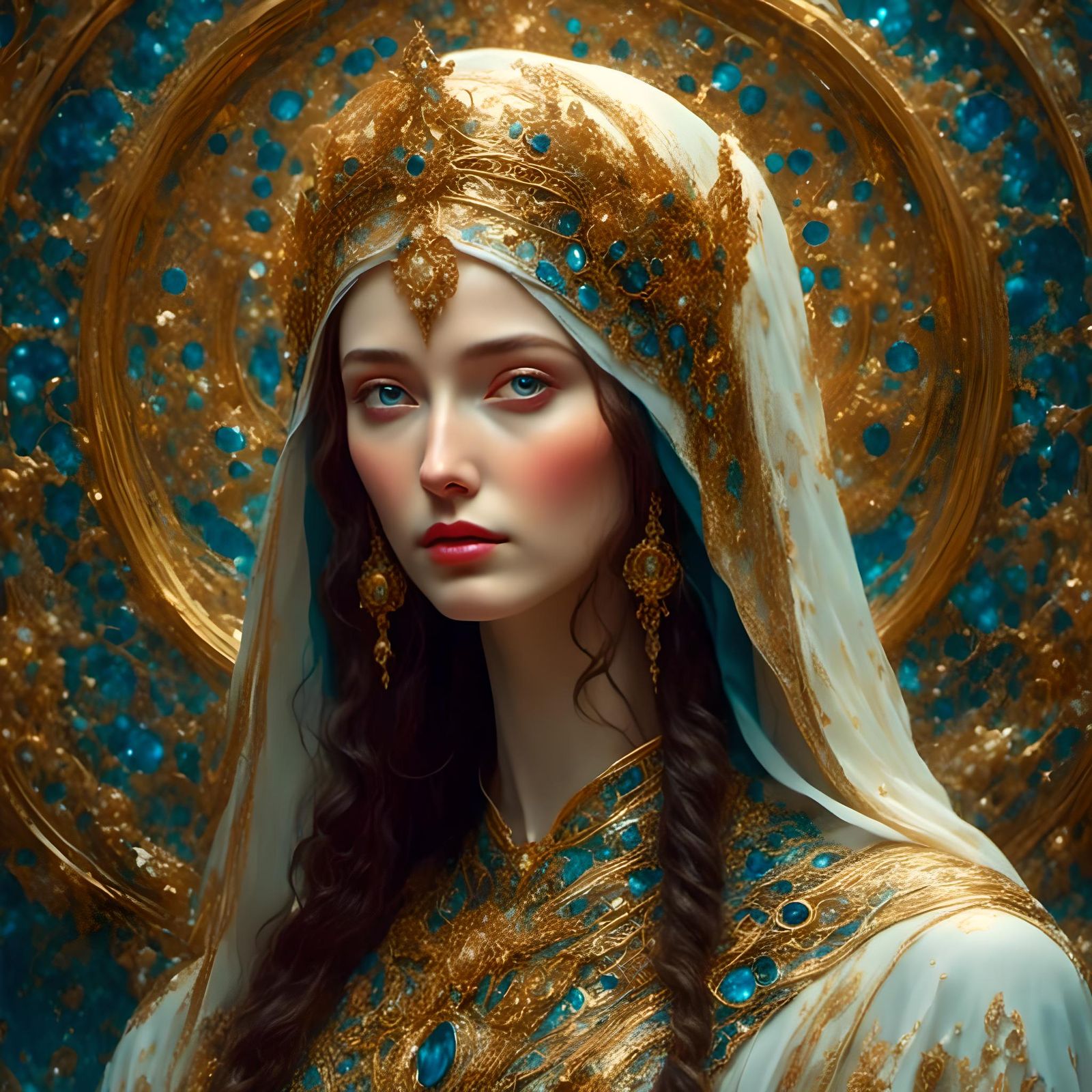 Pre-Raphaelite Virgin Mary in Cyberpunk Art Deco Style