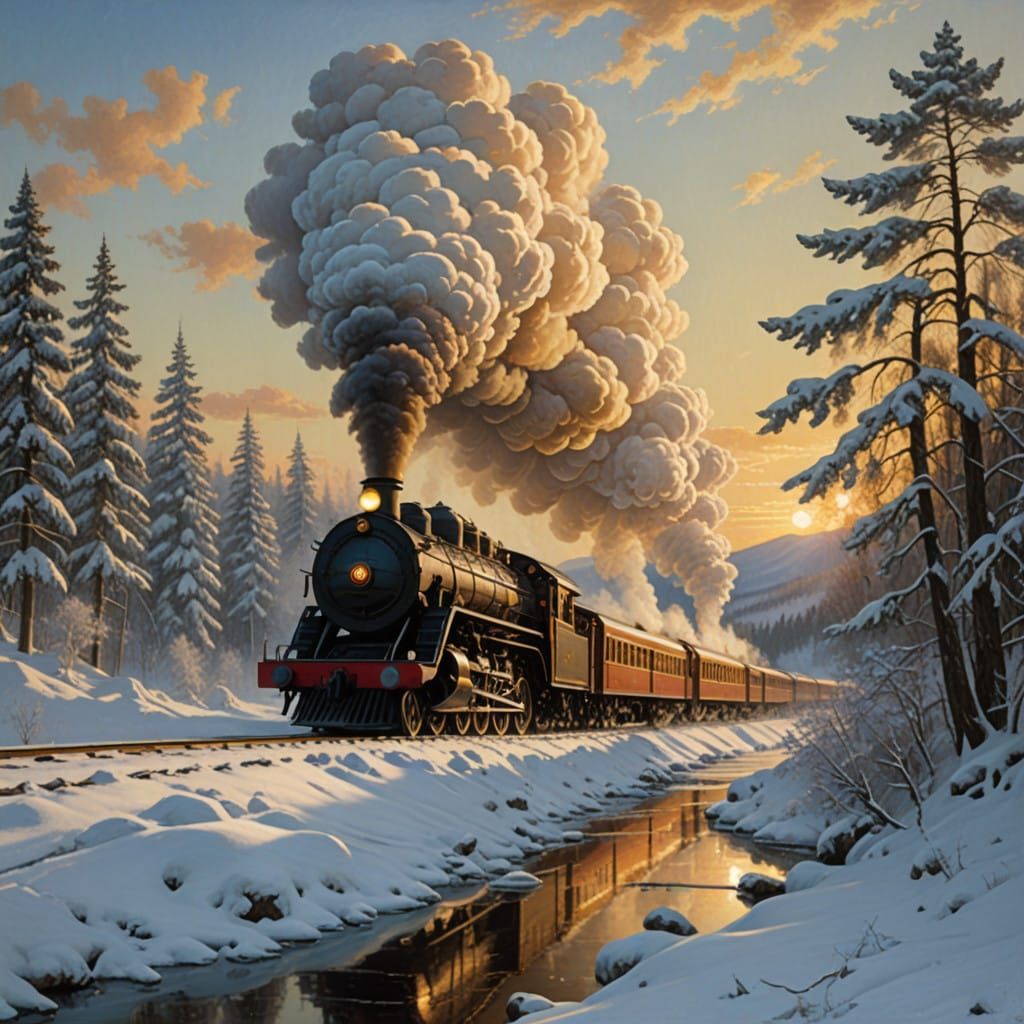 Majestic Steam Train in Winter Valley Landscape