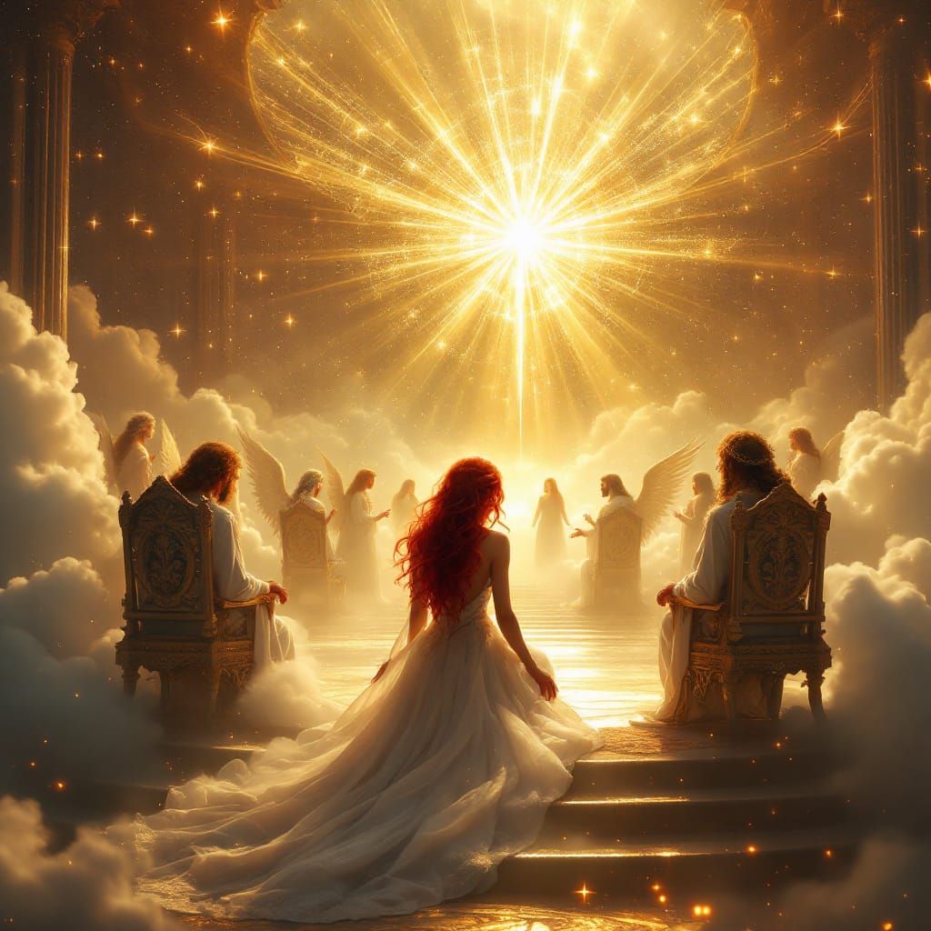 Cosmic Angel Bows Before God in Heaven