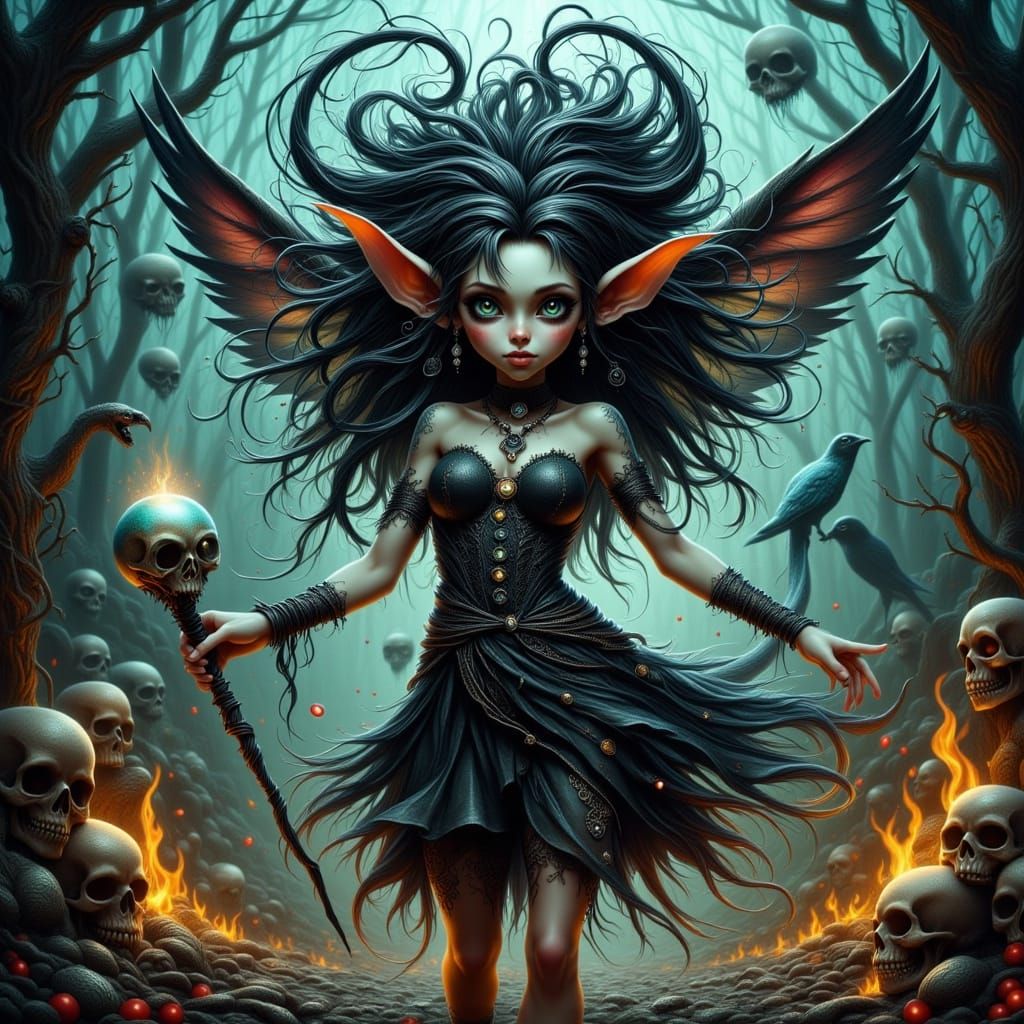 Whimsical Fairy Creature in a Dark Fantasy Scene