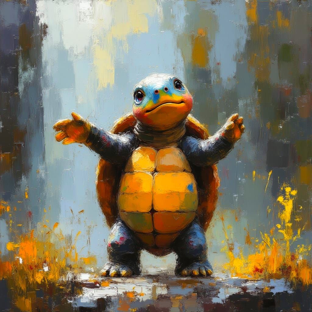 Happy Turtle Dancing in Surreal Landscape Painting
