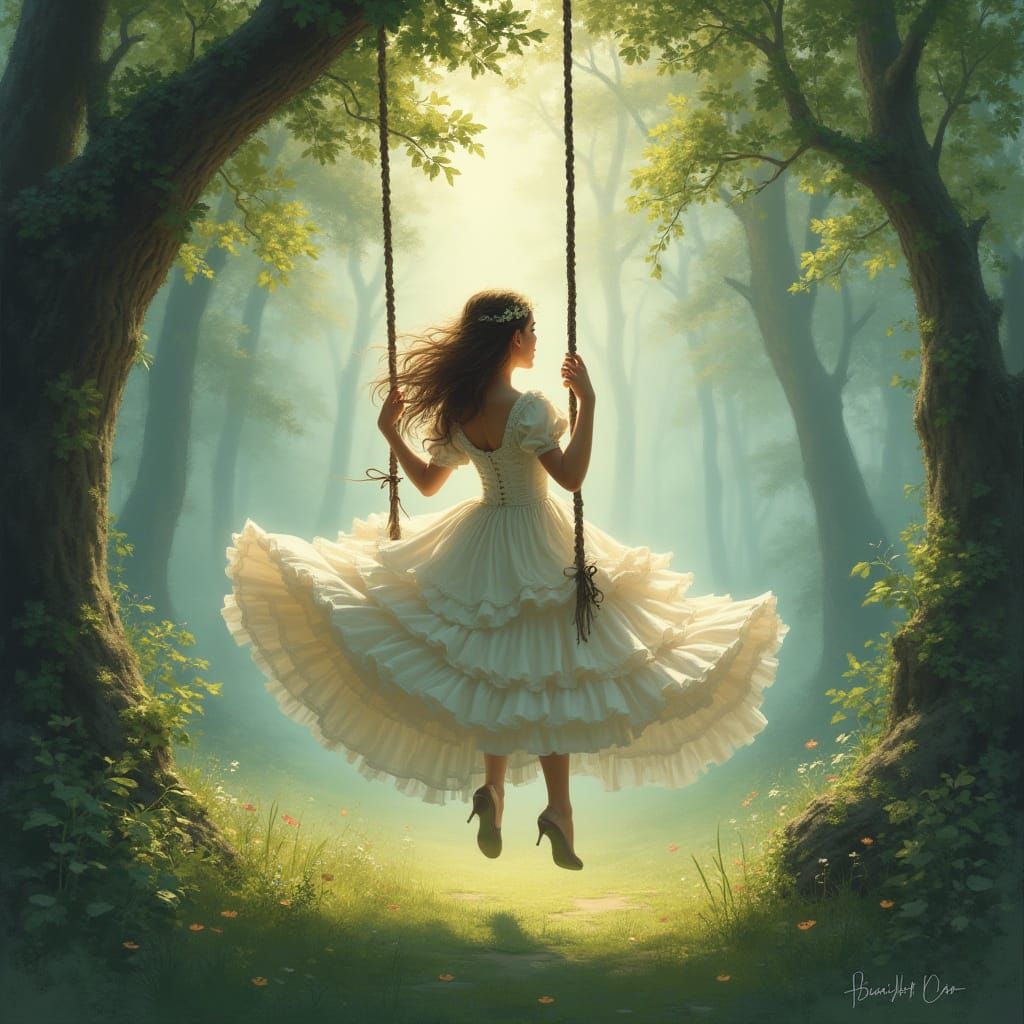 Victorian Girl on Rope Swing in Impressionistic Forest