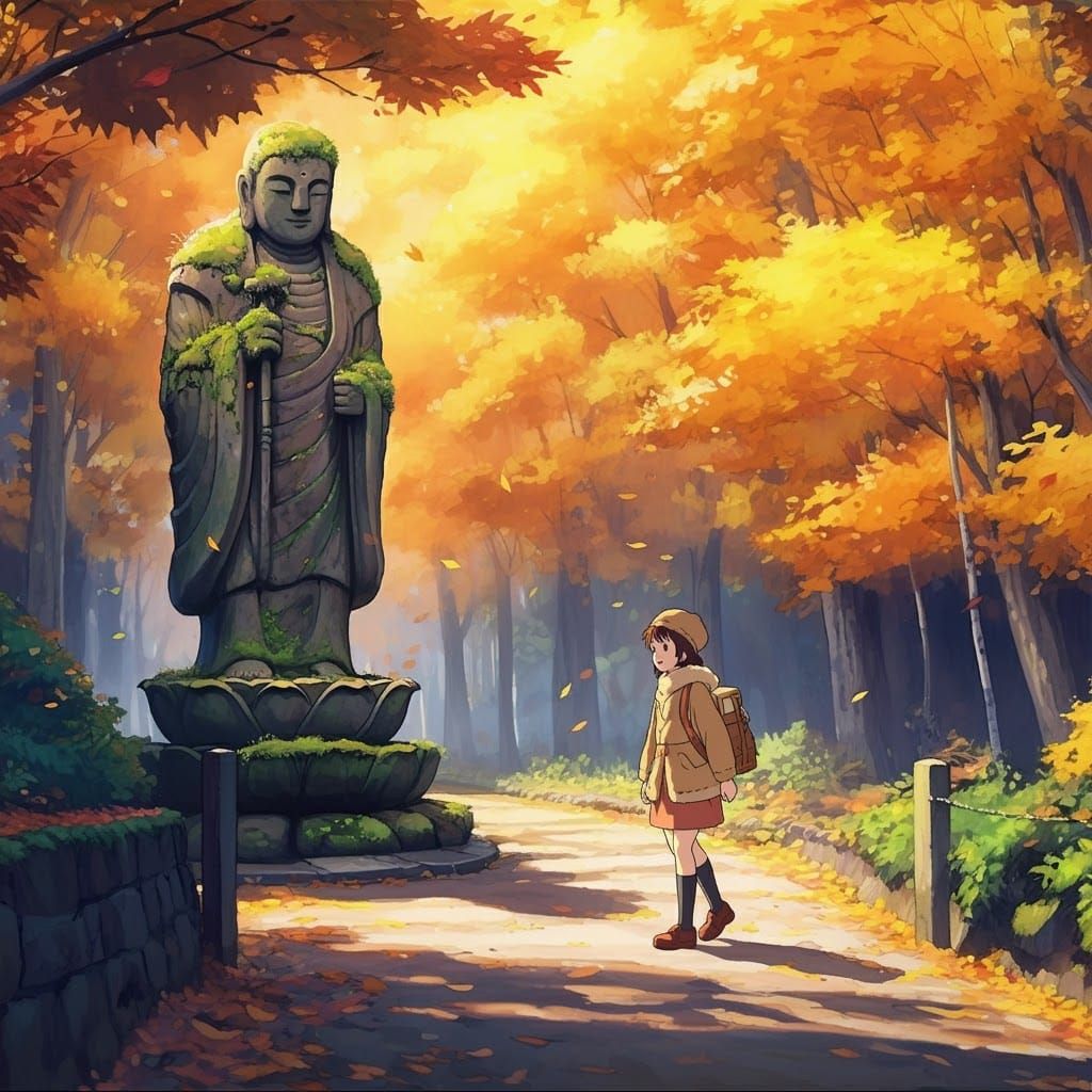 Autumn Serenity: Girl and Jizo Statue in Anime Style