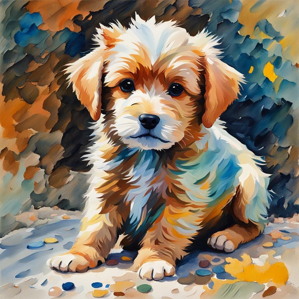 Cute Puppy in Gouache Style Impressionist Painting
