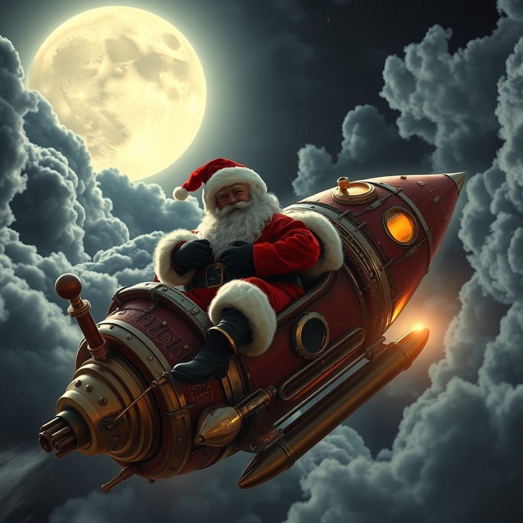 Vintage Santa in a Steam-Punk Rocket Ship
