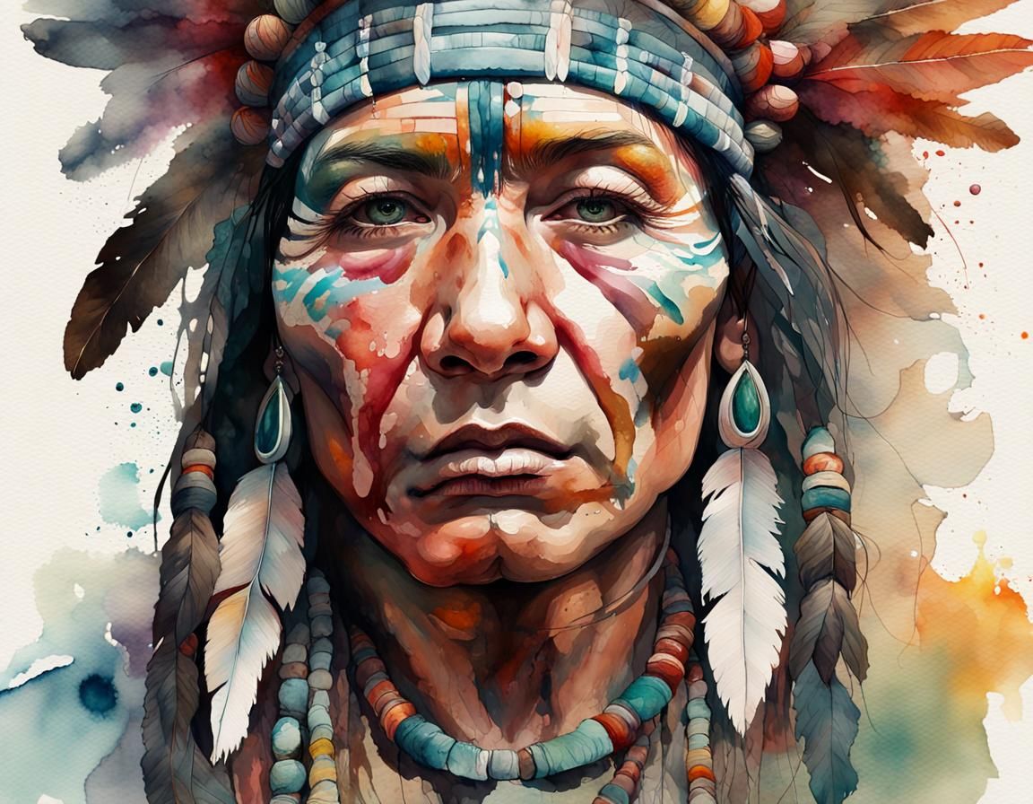 Watercolor Portrait of Indigenous Shaman in Pastel Colors