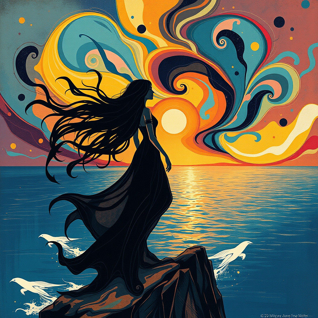 Majestic Woman at Cliff Edge with Abstract Sky