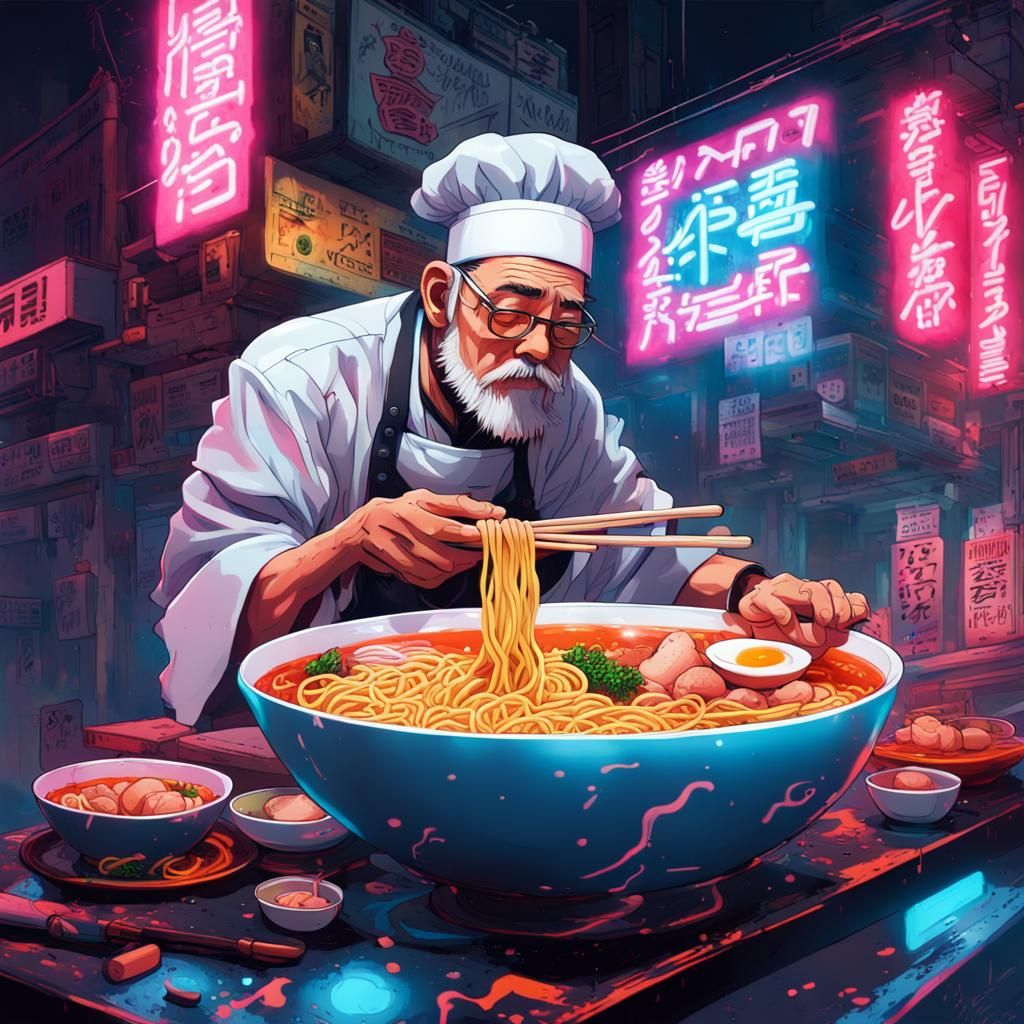 Futuristic Cyberpunk Ramen Shop Scene in Anime Style