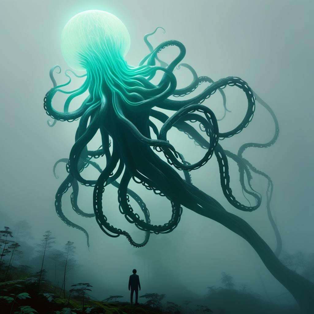 Bioluminescent Medusa in Misty Forest