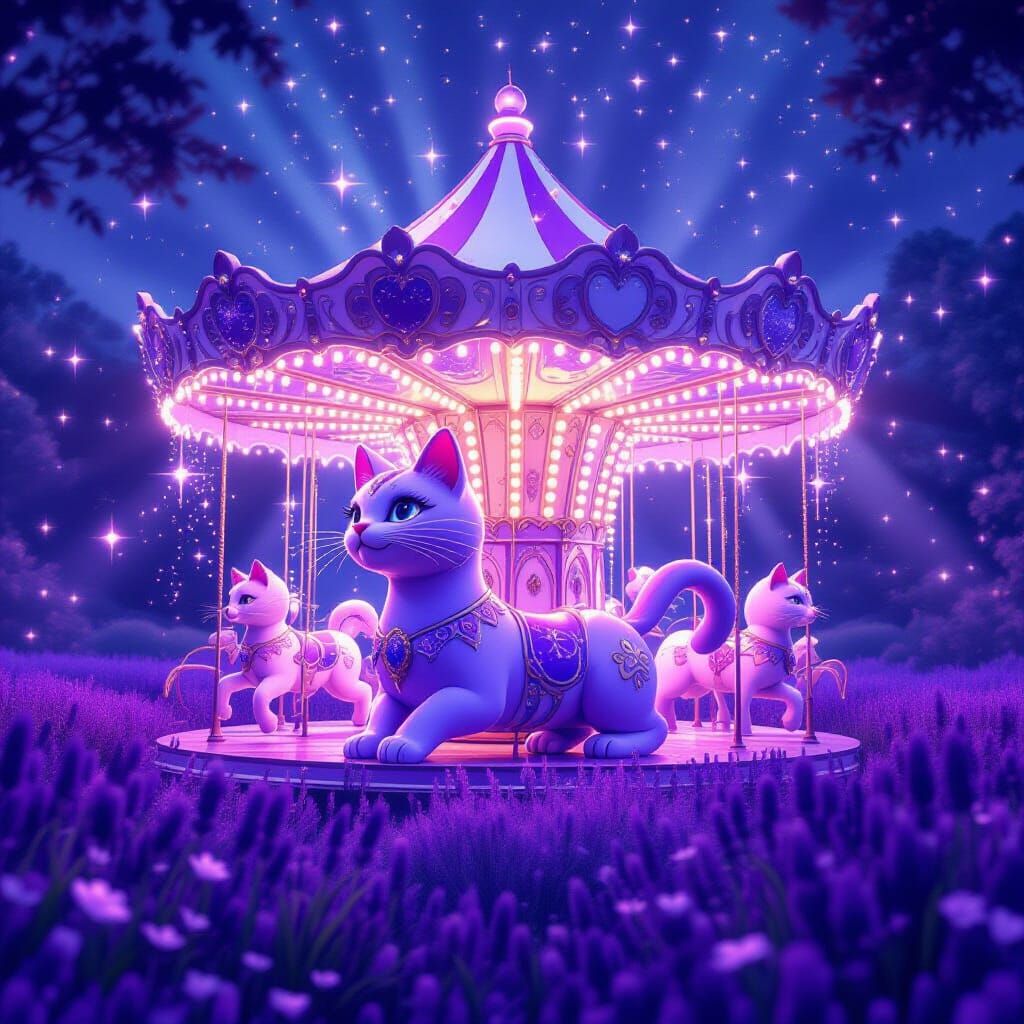 Whimsical Purple Cat Carousel with Glittering Sparkles