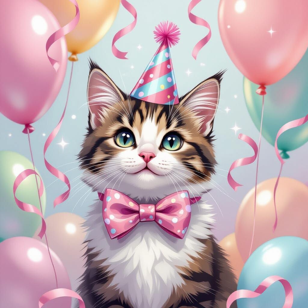 Adorable Cat with Balloons in Dreamy Digital Art Style