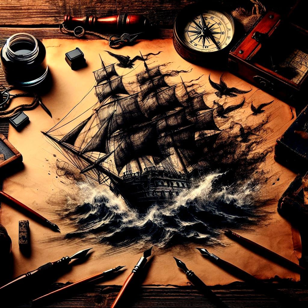 Pirate Ship Awakens from Ink Sketch in Whimsical Scene