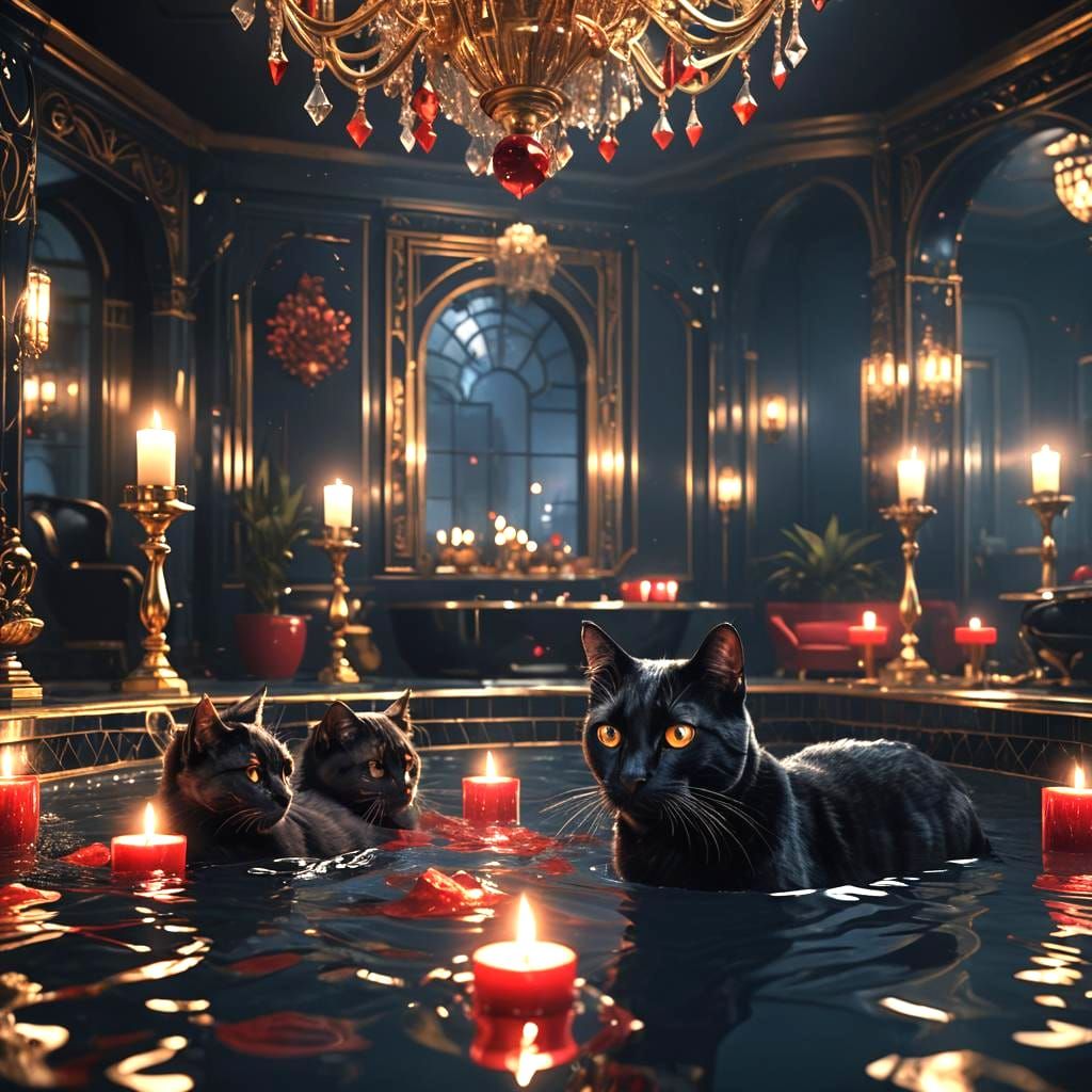 Art Deco Black Swimming Pool with Cats