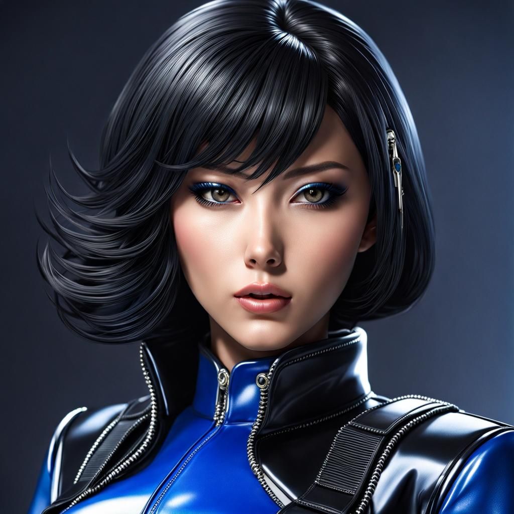 Beautiful Japan Policewoman Portrait in Latex Costume
