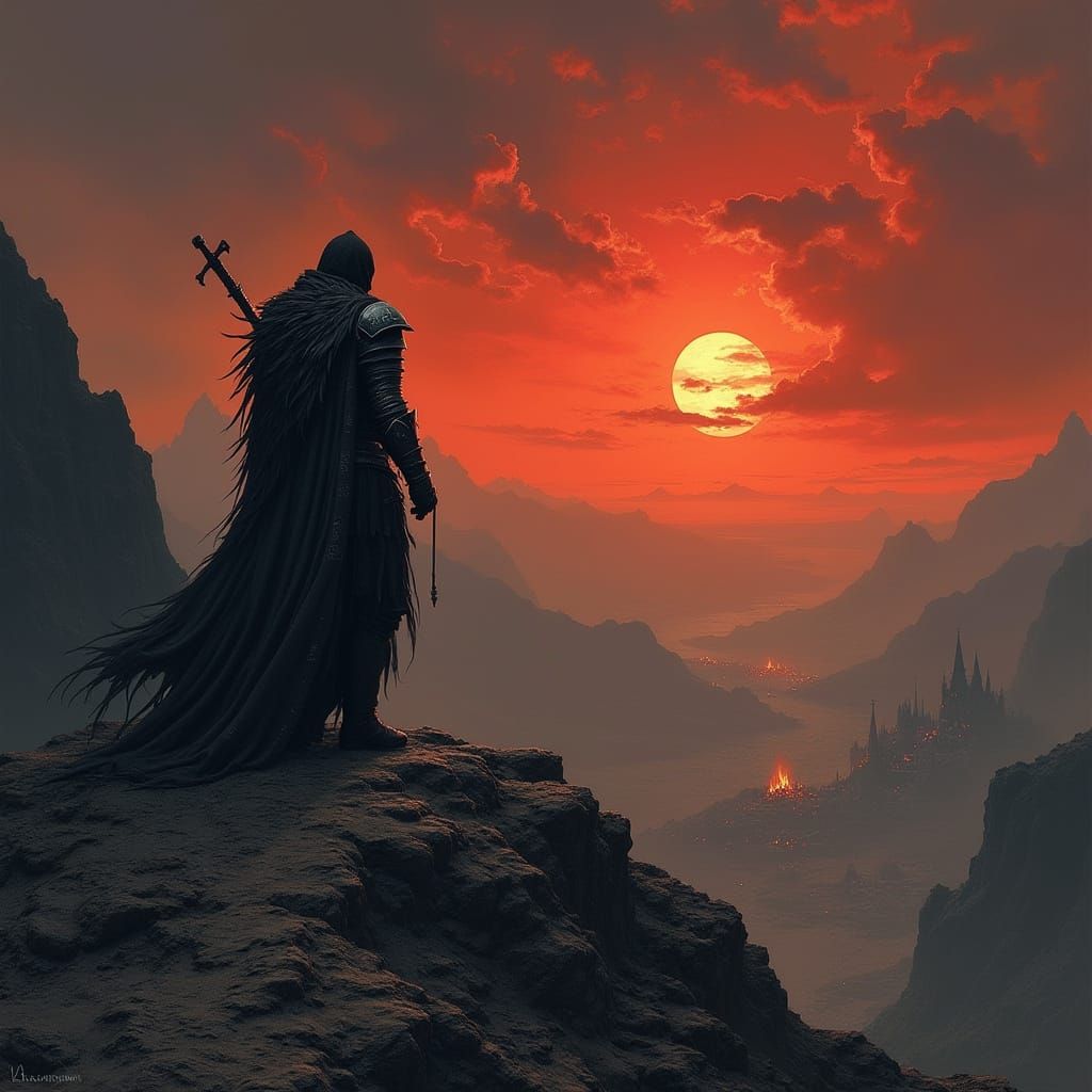 Majestic Warrior Watches Apocalypse Unfold Beneath a Blood-R...