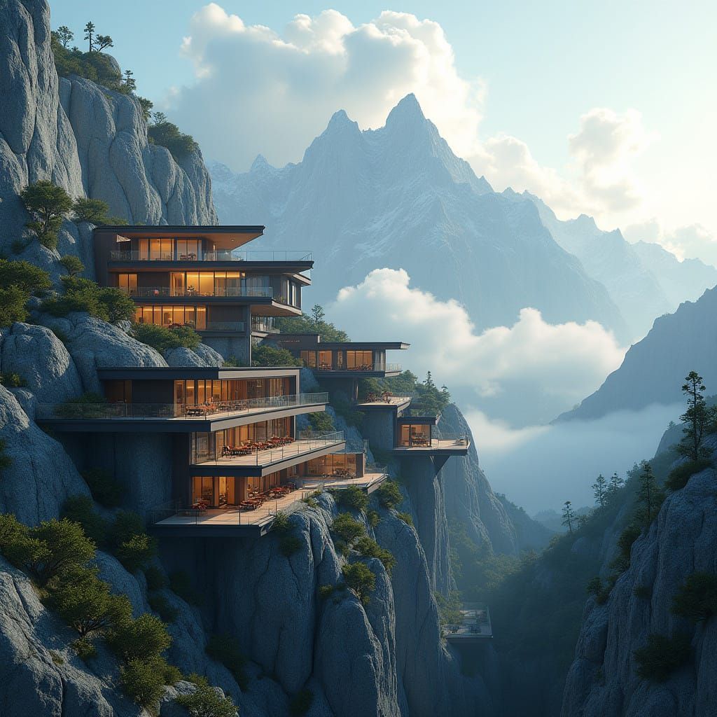 Modernist Hotel Complex Amidst Majestic Mountains in Unreal...