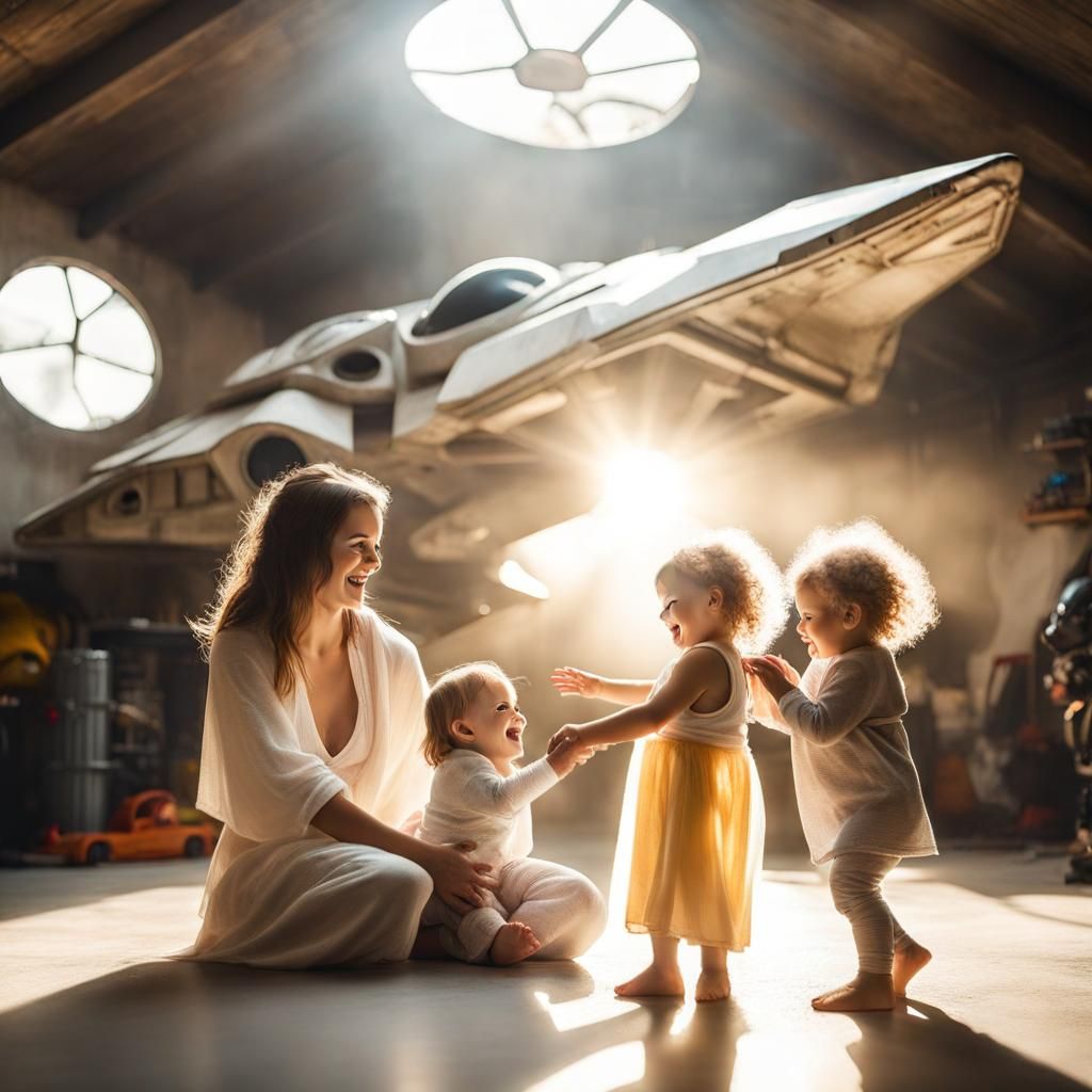 Smiling Jedi Mom with Toddlers in Hangar