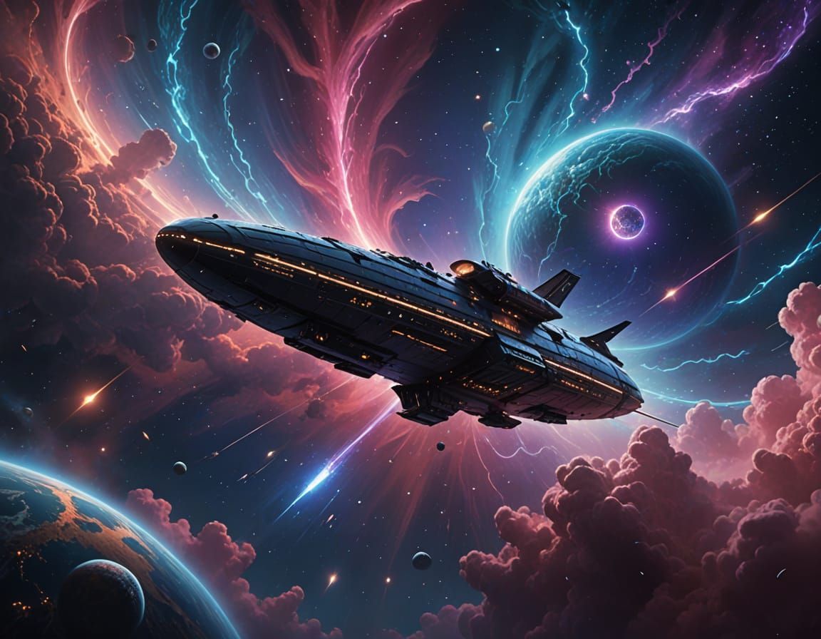 Sleek Spacecraft Navigating Vast Nebula