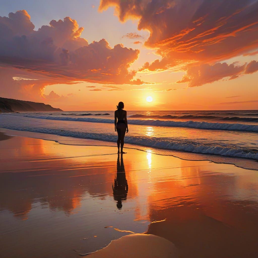 Sunset Silhouette on Tropical Beach, Inspired by Impressioni...