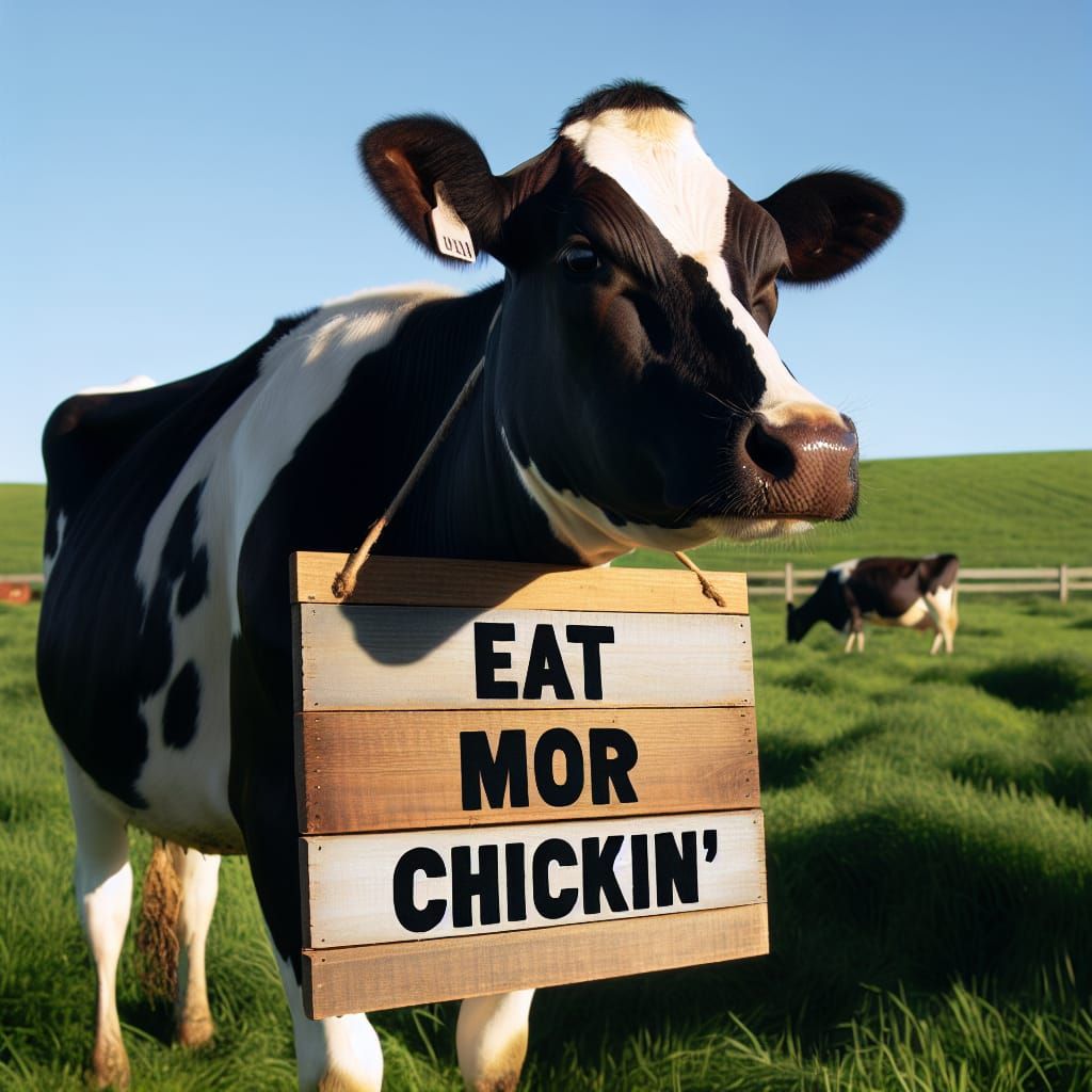 Cow Promotes Chicken in Sunny Pasture