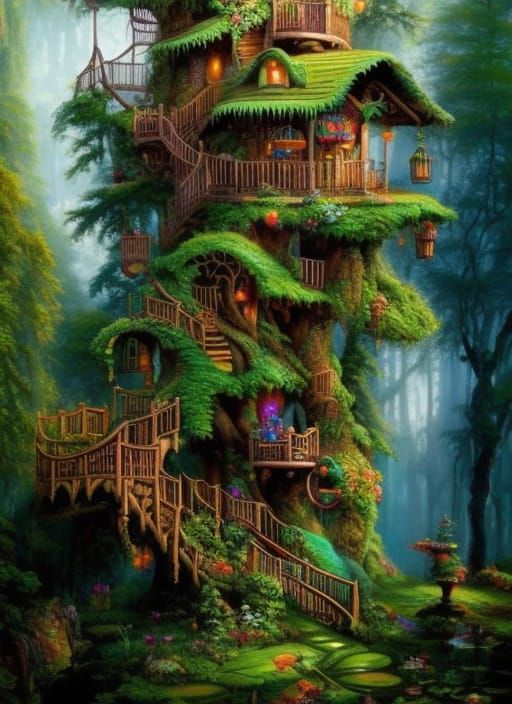 Epic Jungle Elf Treehouse: Hyperdetailed Concept Art