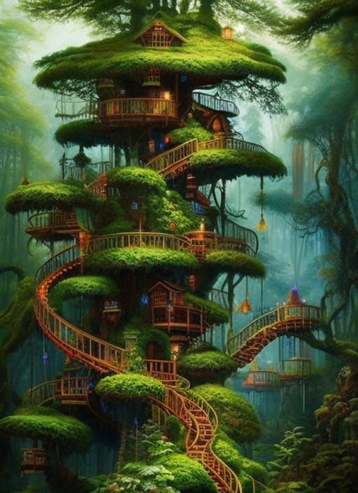 Lush Jungle Elf Treehouse: Hyperdetailed Concept Art
