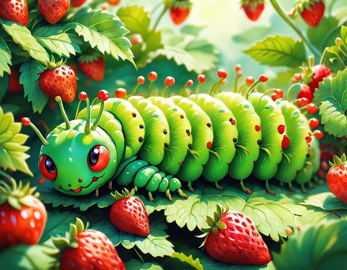 Caterpillar's Strawberry Feast: A Whimsical Digital Painting