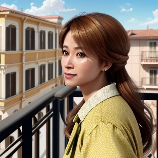 Woman Sweeping Balcony in Hyper-Realistic Digital Painting