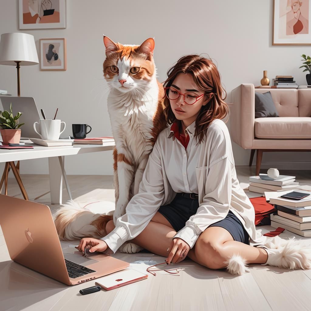 Girl with Cat in Minimalist Room: Digital Art