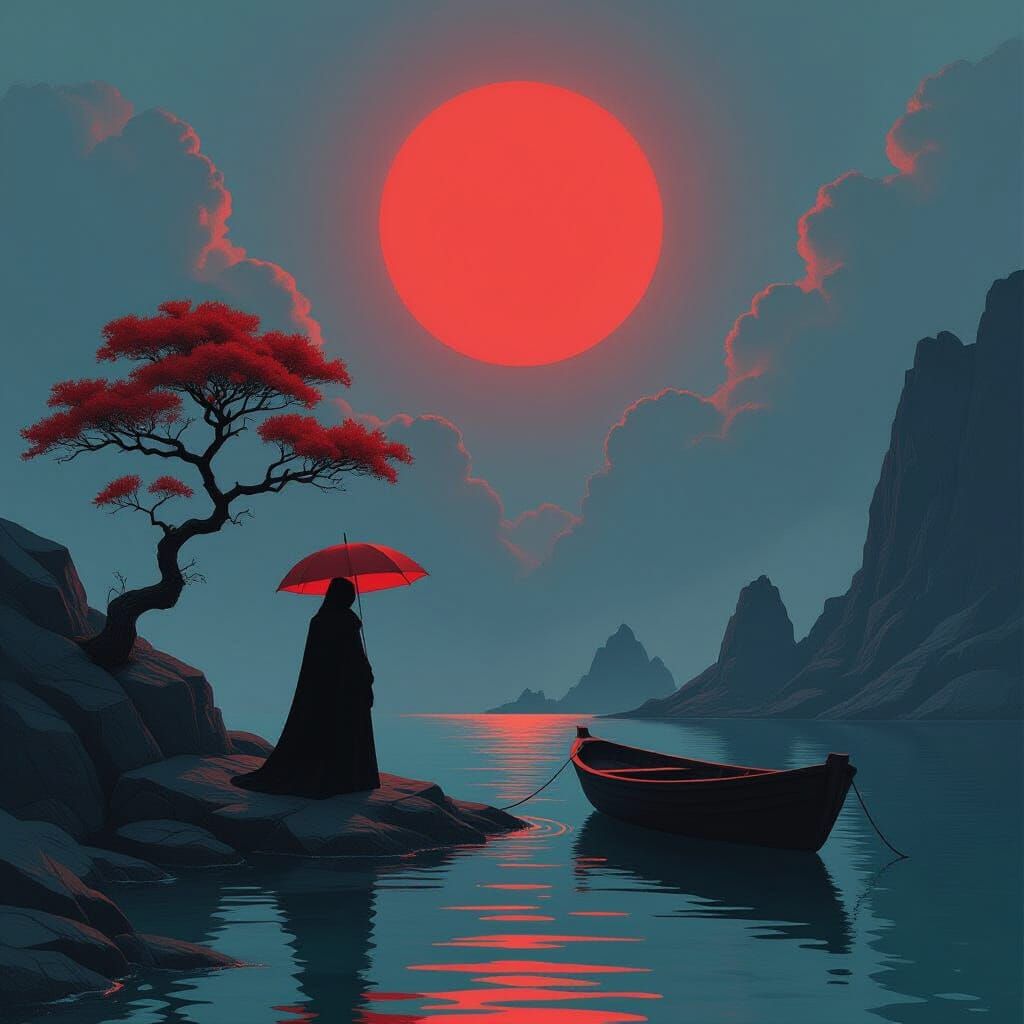 Solitary Figure Under Red Sun with Crimson Umbrella