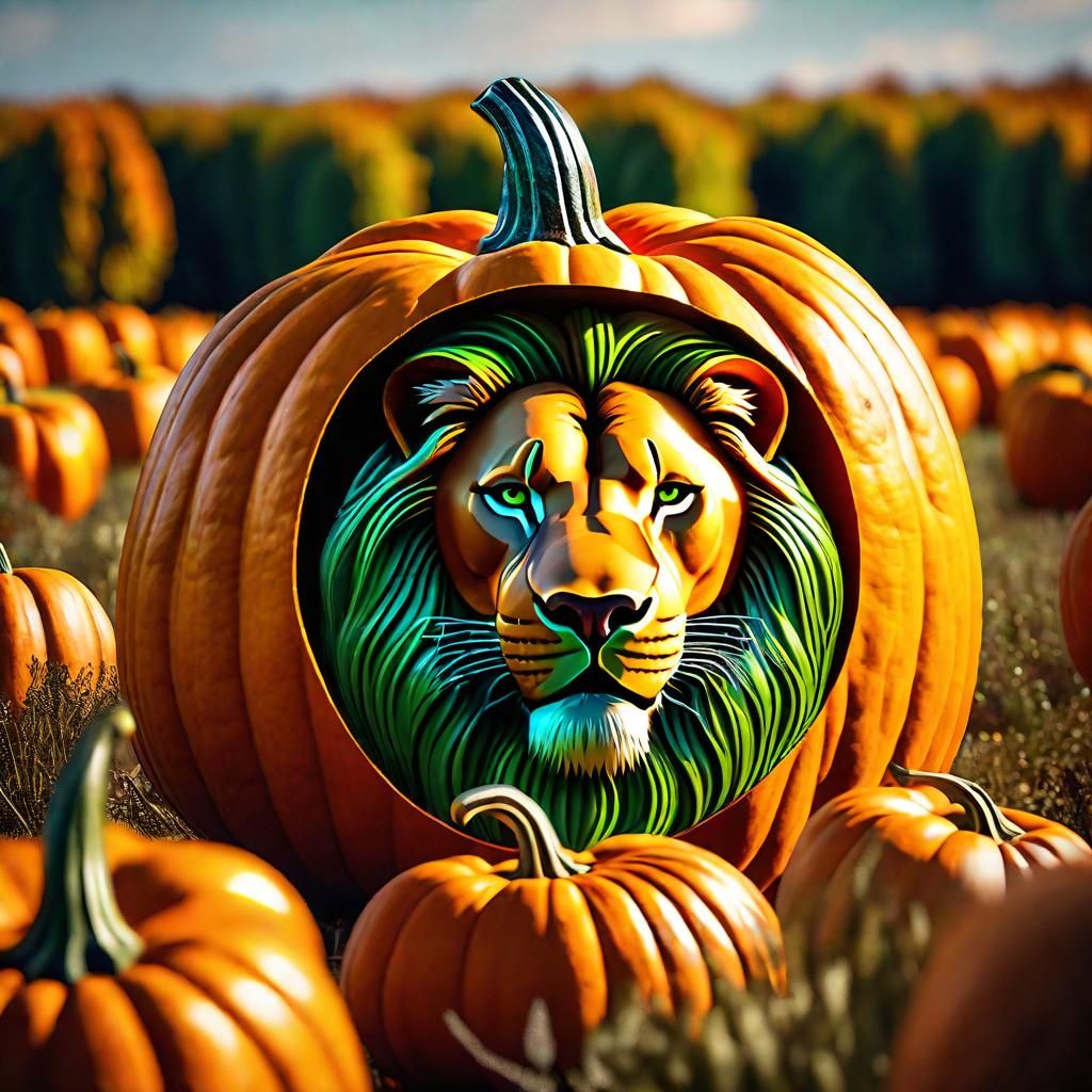 Sleeping Lion Carved Inside Bright Pumpkin