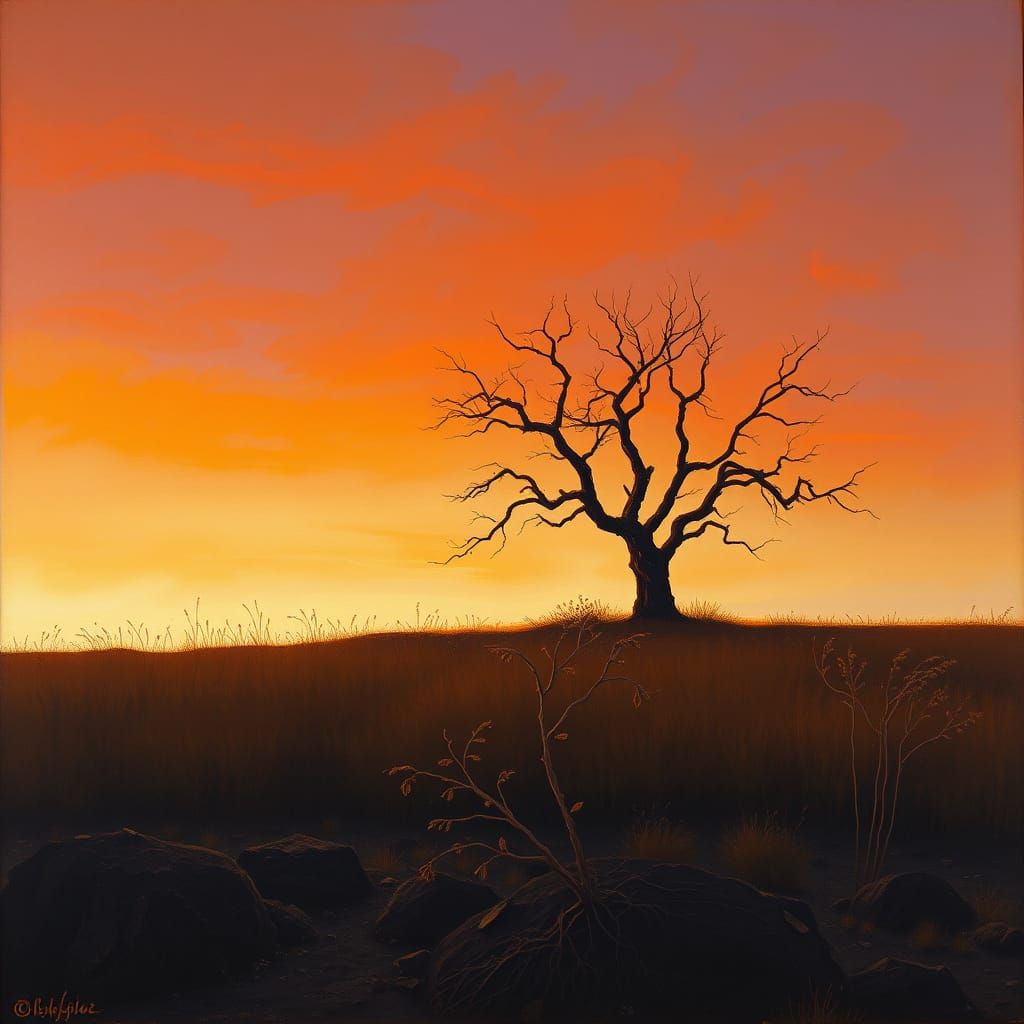 Mystical Dusk Landscape with Earth Clods and Lonely Tree