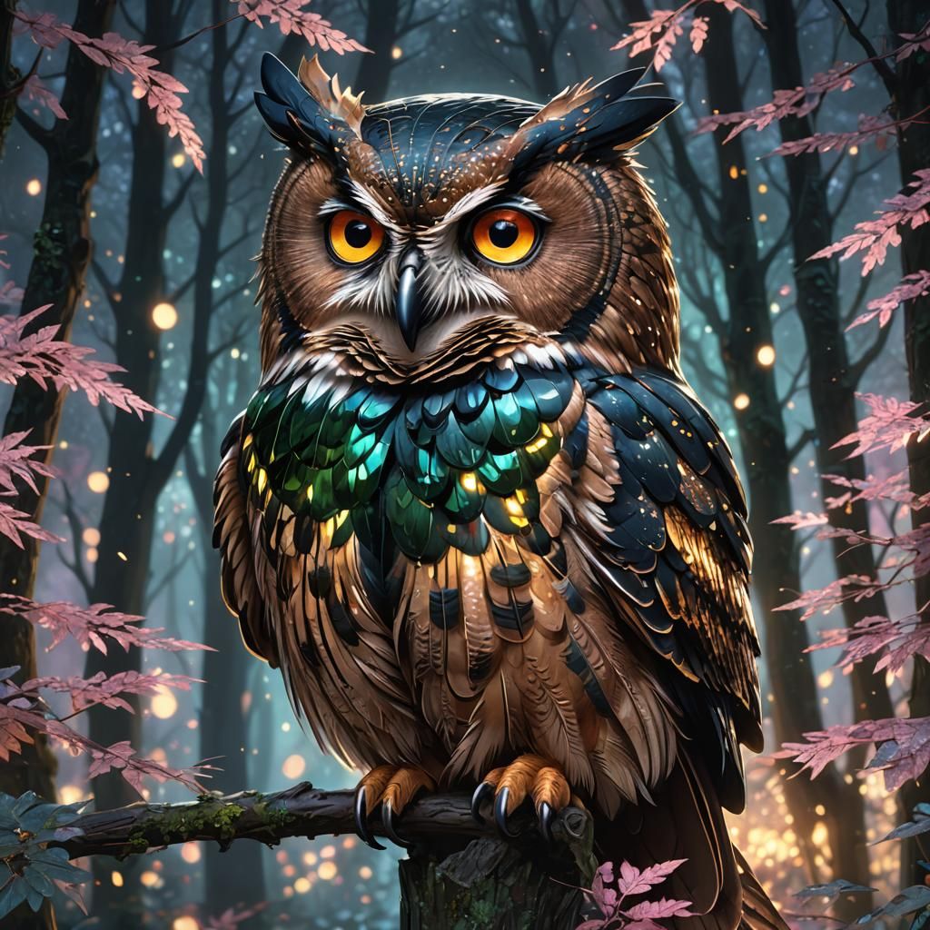 Tourmaline Owl in Sparkling Forest, Hyperdetailed Portrait