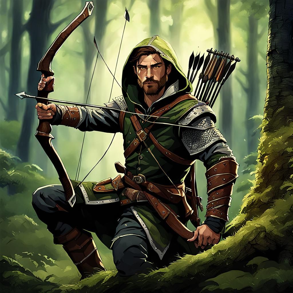 Fantasy Rogue Archer in Woods, Fantasy Art