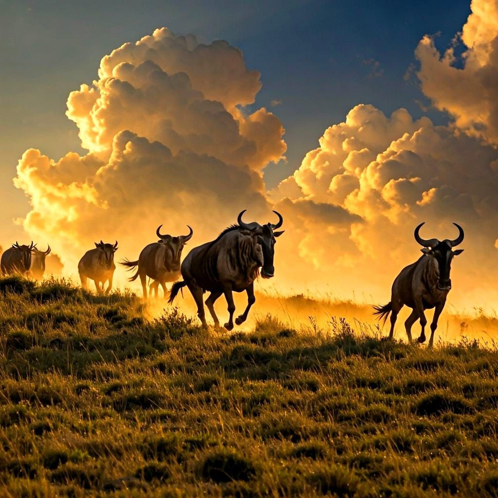 Epic Wildebeest Herd Galloping at Sundown