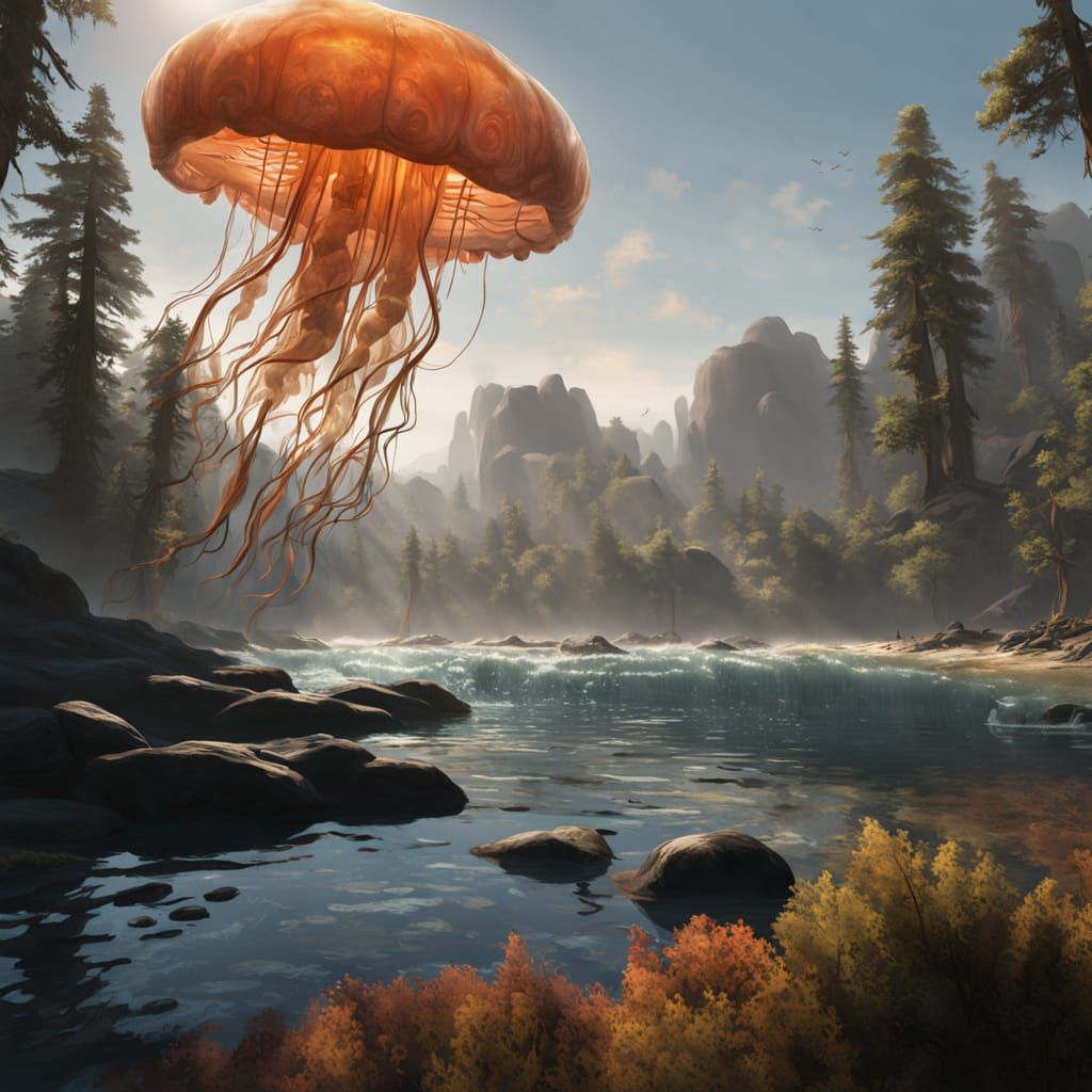 Bioluminescent Jellyfish in Kelp Forest: Dreamlike Digital A...