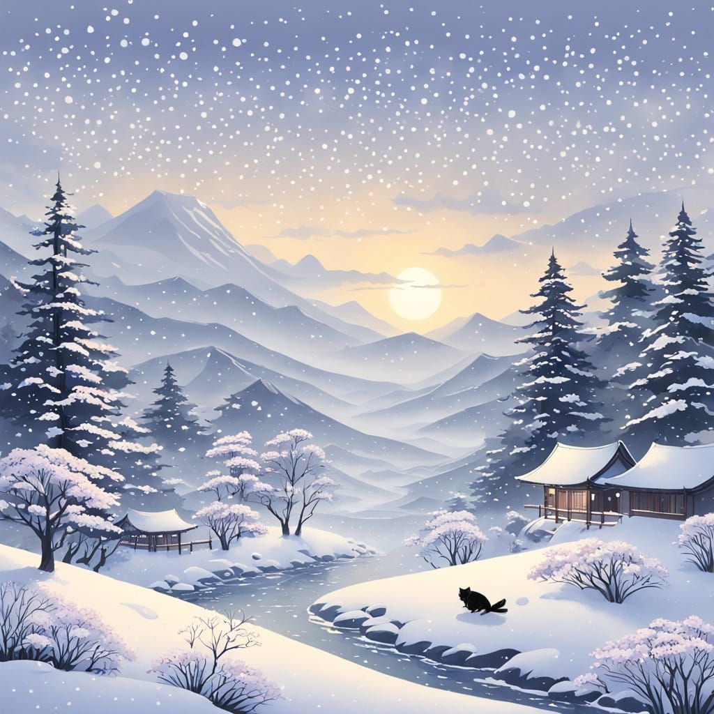 Whimsical Gremlin in Cherry Blossom Robe Amidst Winter Wonde...