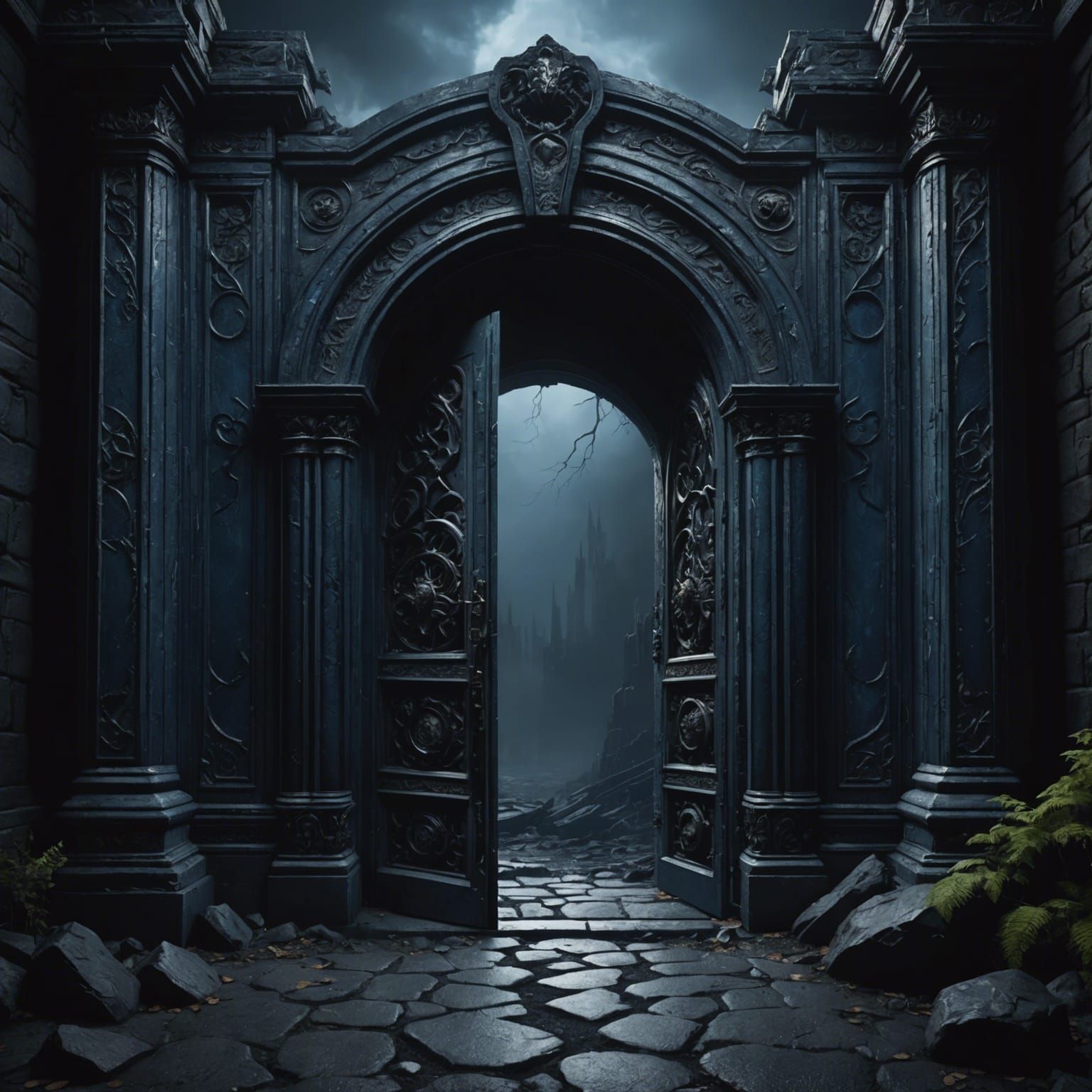A portal to hell like gigantic doors in shades of dark blue and black mystery,misty and mystic, black stardust and black...
