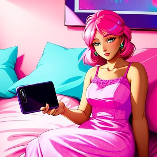 Woman Mesmerized by Phone in Cartoon Style