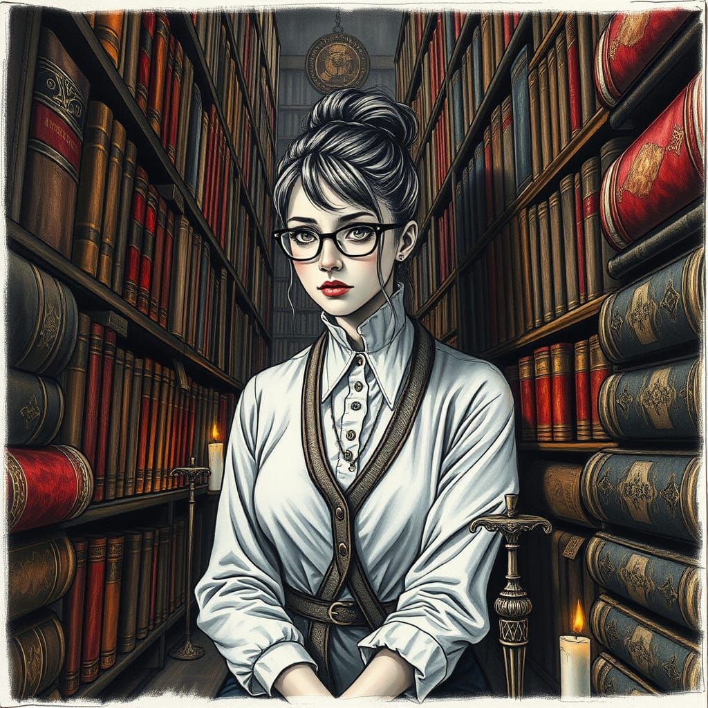 Surreal Librarian Lady Trapped by Ancient Tomes in Hyperdeta...