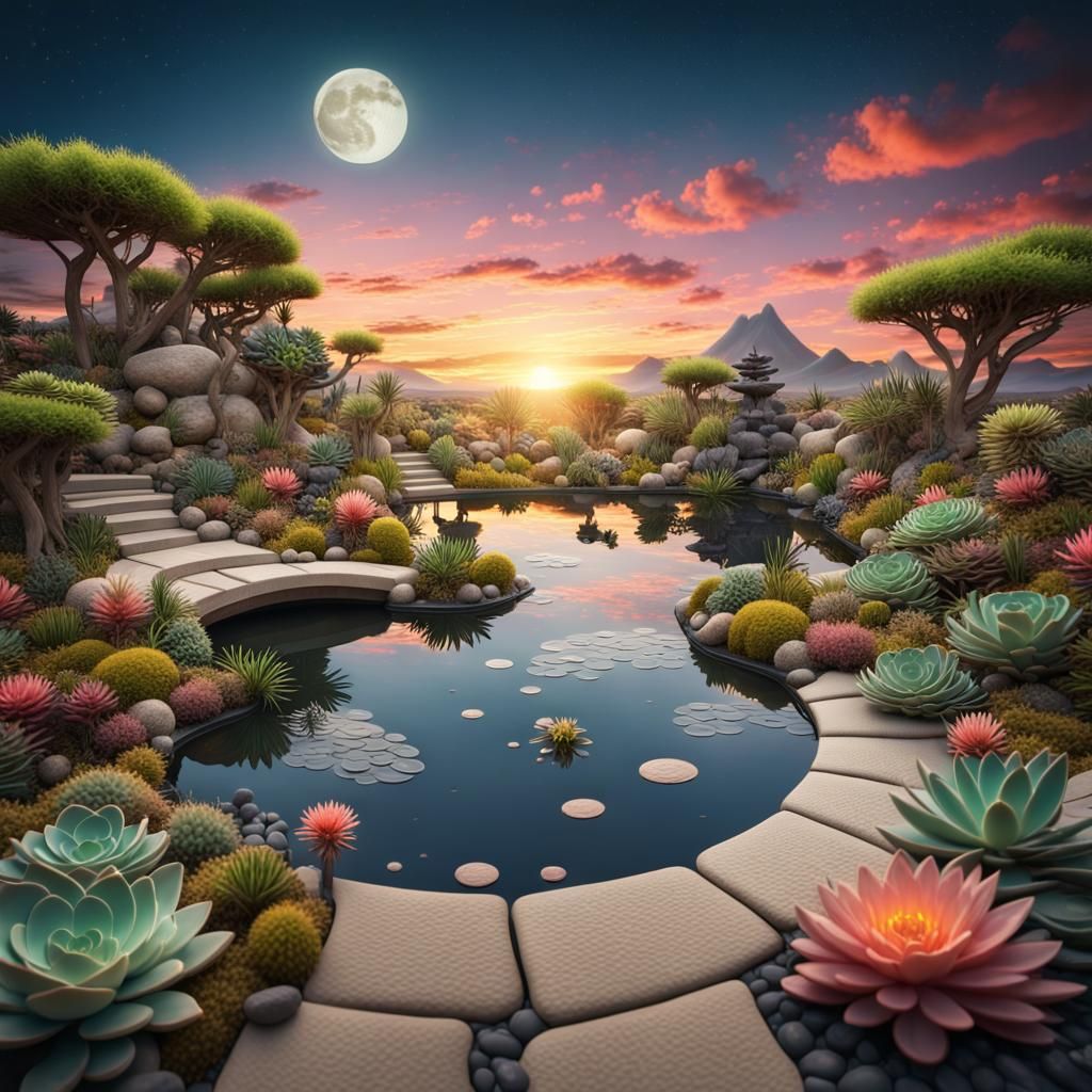 Eccentric Zen Garden at Sunset: Digital Matte Painting