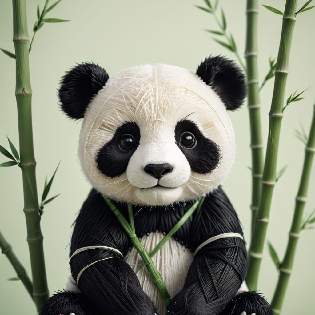 Thread Panda with Bamboo in Kawaii Style