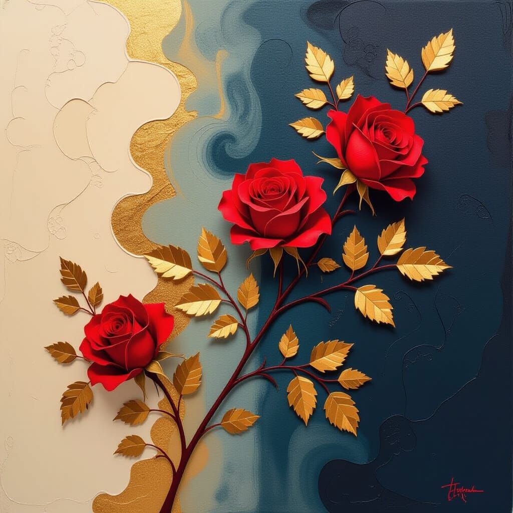 Boho Abstract Painting with Red Rose Branch