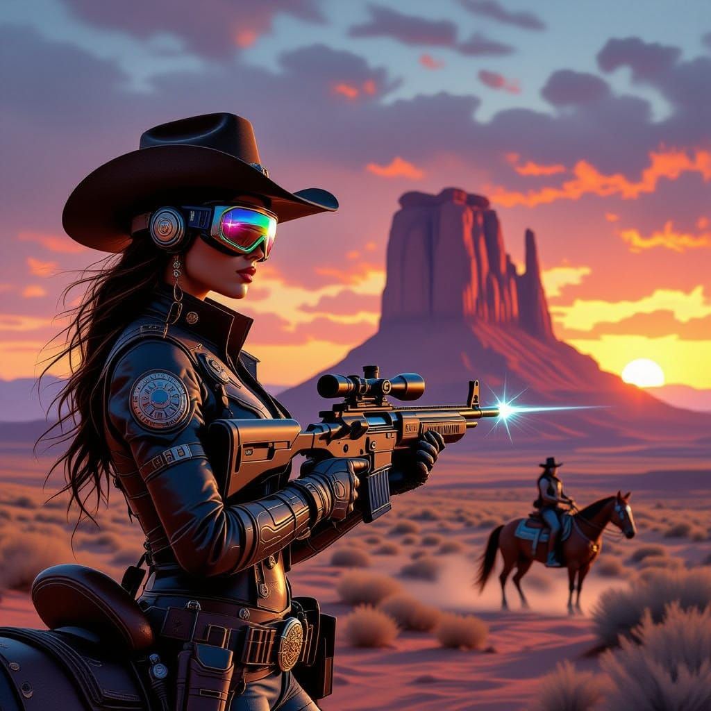 Futuristic Cowgirl on Cybernetic Horse in Steampunk Desert