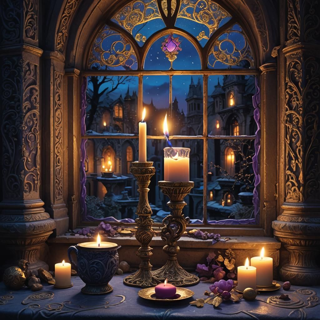 Mystical Candlelight Illuminates Ancient Window at Night