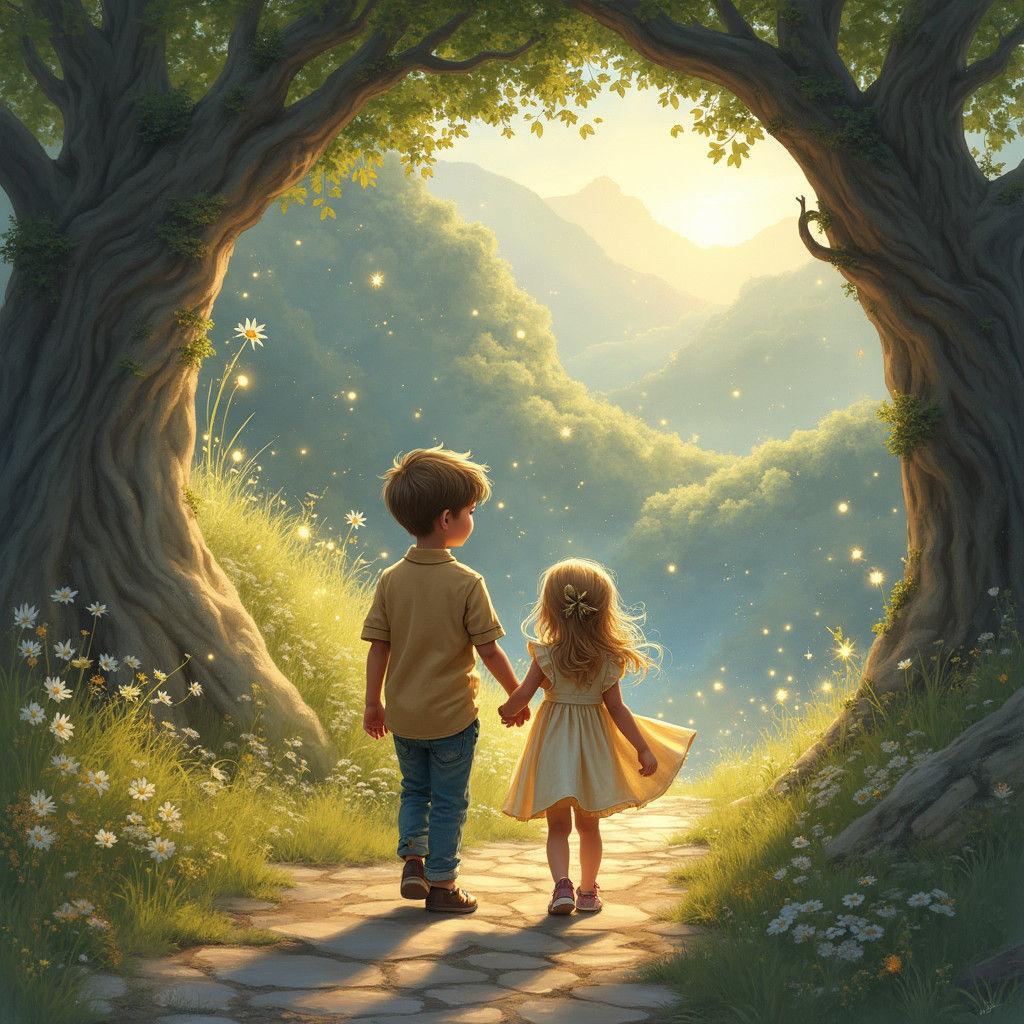 Children's Journey Through a Mystical Gateway