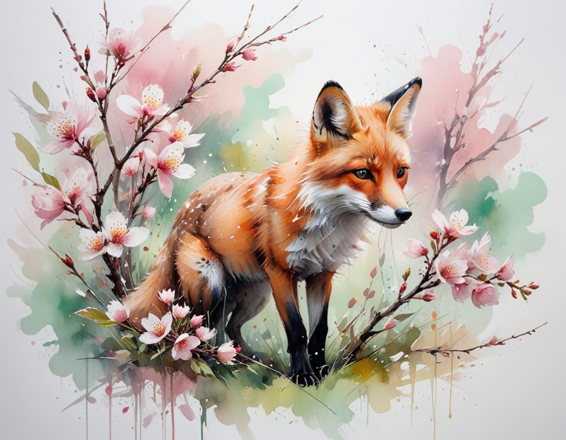 Sakura Dawn Fox in Watercolor Impressionism