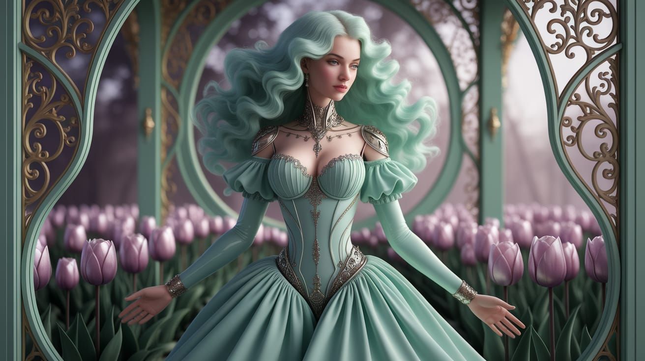 Ethereal Android Goddess in Art Nouveau Garden