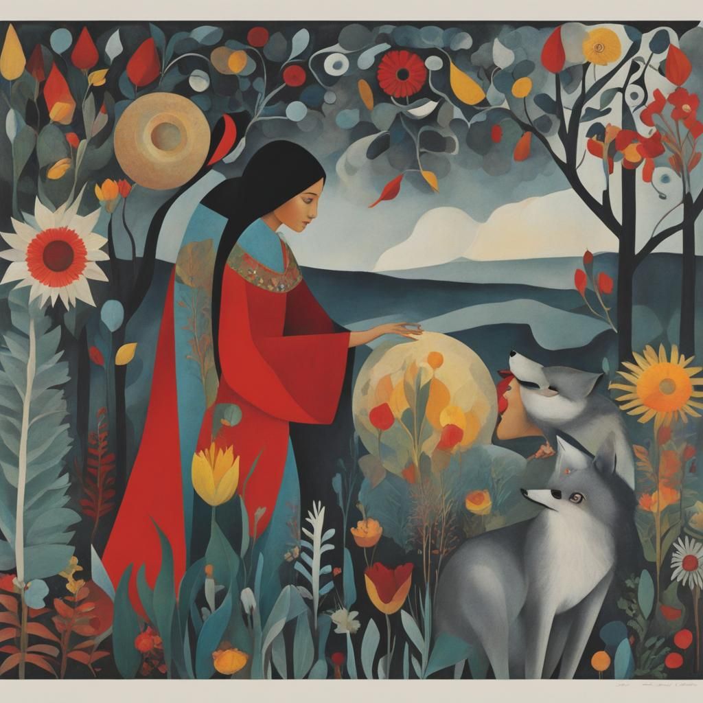 Photrealistic, Double Exposure, Wolf ,forest, Native American  Red Riding Hood  as a Hand Maid from A Handmaid's Tale,  ...