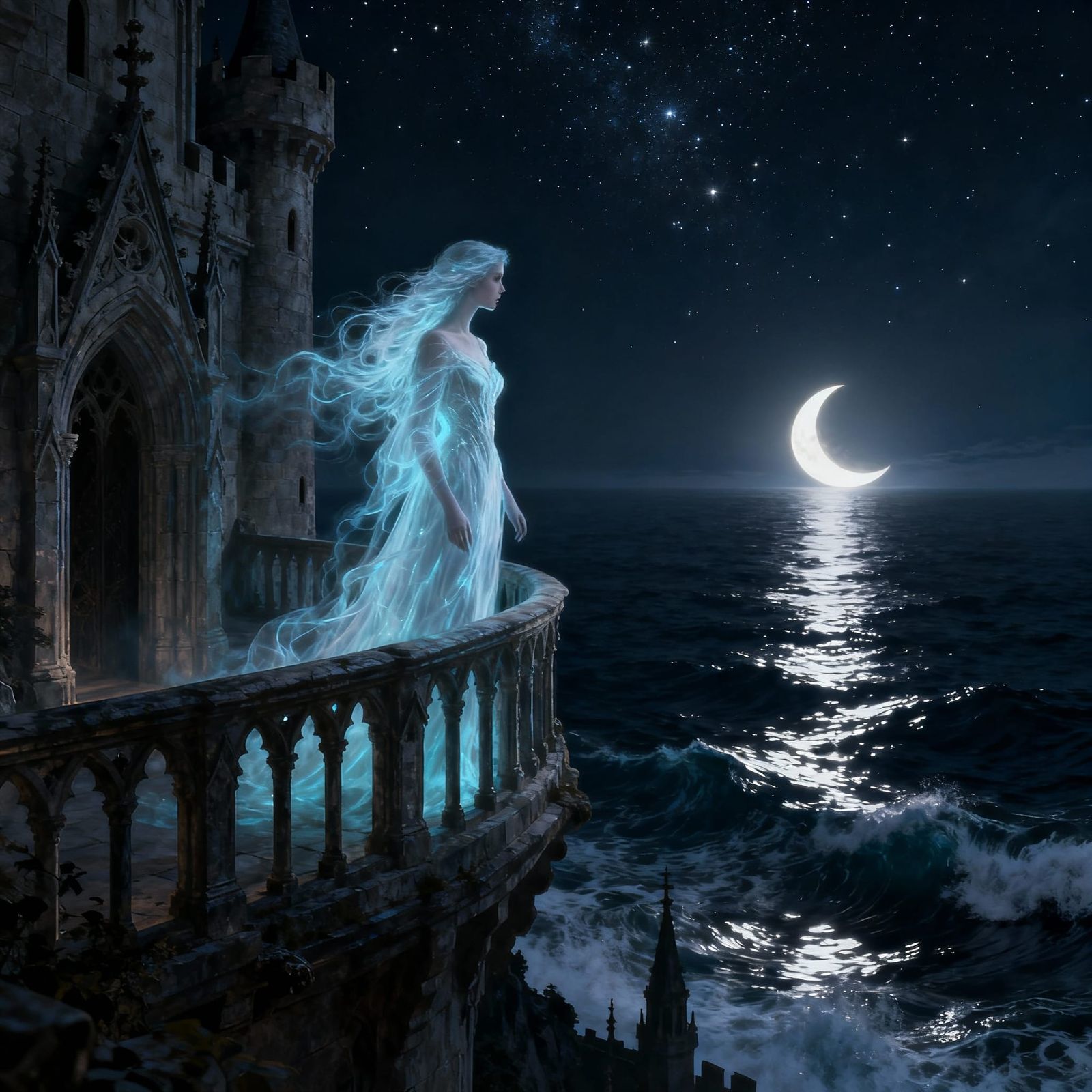 Ethereal Ghost on Gothic Balcony Overlooking Dark Sea Under ...